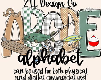 Boys Fishing Alpha Set PNG, Fishing Lures Alphabet, Hand Drawn, Checkered, A-Z 0-9 Doodle Letters, Digital Outdoor Font Bundle, Gingham