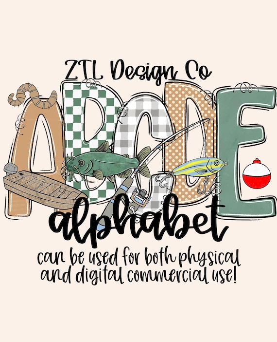 Boys Fishing Alpha Set PNG, Fishing Lures Alphabet, Hand Drawn, Checkered, A-Z 0-9 Doodle Letters, Digital Outdoor Font Bundle, Gingham