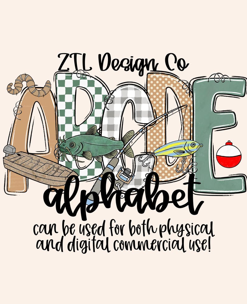 May include: A digital design featuring the word "DAD" in a fishing theme. The letters are decorated with fishing-related elements, including a boat, fish, and fishing rods. The word "alphabet" is written below, with text stating it can be used for physical and digital commercial use.