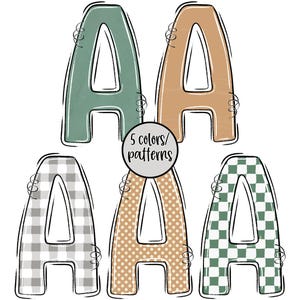 May include: Five letter "A" designs in various patterns and colors. The letters include solid green and tan, a gray and white checkered pattern, a tan polka dot pattern, and a green and white checkered pattern. The text "5 colors/patterns" is in the center.