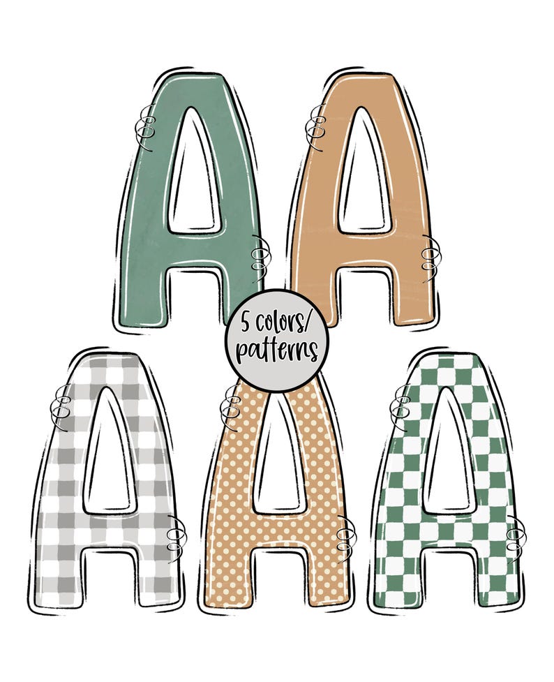 May include: Five letter "A" designs in various patterns and colors. The letters include solid green and tan, a gray and white checkered pattern, a tan polka dot pattern, and a green and white checkered pattern. The text "5 colors/patterns" is in the center.