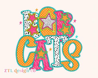 Preppy Bobcats Mascot PNG Digital Sublimation Sibling Sport Game Day School Neon Colorful Checkered Zebra Print Dalmatian Dot Graphic Design