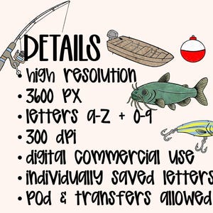 May include: An illustration featuring fishing-related elements. A fishing rod, a small boat, a red and white bobber, a green fish, and a lure are depicted. Text includes "DETAILS", "high resolution", "3600 PX", "letters a-z + 0-9", "300 dpi", "digital commercial use", "individually saved letters", and "POD & transfers allowed".