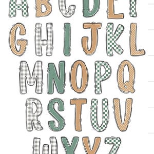 May include: A full alphabet in uppercase letters, each with a unique pattern. The letters are outlined in black and filled with various designs, including gingham, polka dots, and solid colors in shades of green, tan, and gray.