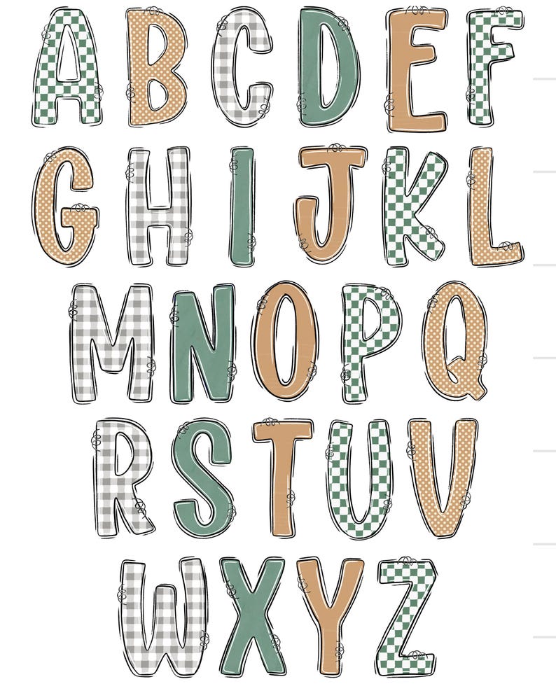 May include: A full alphabet in uppercase letters, each with a unique pattern. The letters are outlined in black and filled with various designs, including gingham, polka dots, and solid colors in shades of green, tan, and gray.