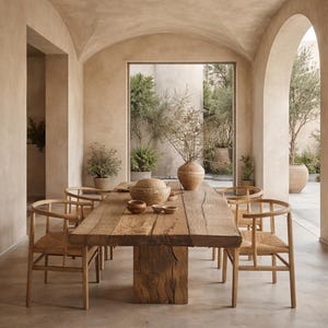 Puede incluir: Una mesa de comedor rústica con superficie de madera envejecida y base maciza. Rodeada por seis sillas de madera con asientos de mimbre. Un jarrón grande y cuencos decorativos adornan la mesa. La escena se desarrolla en un espacio abierto de tonos neutros.