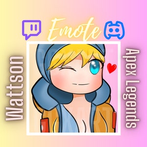 May include: A cartoon illustration of a female character from the video game Apex Legends. The character is named Wattson and is wearing a blue and orange jacket. She is winking and has a heart-shaped blush on her cheek. The image is labeled "Emote" and "Apex Legends".