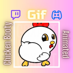 Può includere: GIF animato di un pollo bianco di cartone animato con accenti rossi e gialli. Il pollo è rivolto a destra e ha grandi occhi neri con pupille gialle. Il testo "Chicken Booty" è sul lato sinistro dell'immagine e "Animated Gif" è nella parte superiore dell'immagine.