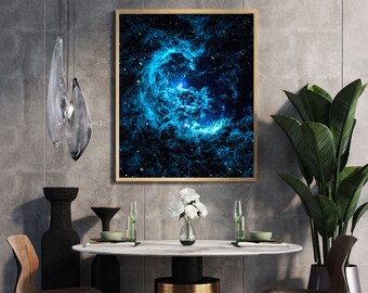 Impresión artística de nebulosa azul / Decoración de pared del espacio cósmico