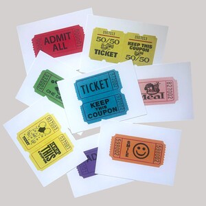 May include: A collection of colorful tickets on white cards. The tickets are in various colors, including red, yellow, blue, green, orange, pink, and purple. Each ticket has unique text, such as "ADMIT ALL", "50/50 TICKET", and "KEEP THIS COUPON".