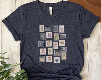 Vintage Stamp T-Shirt | Cute Nature Tee | Wildlife t-shirt | Gift for stamp collectors | Cute simplistic stamps shirt | Flowers and fungi
