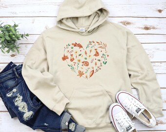 Cute Woodland Foxes Hoodie Sweatshirt, Cottagecore Hoodie, Floral Sweatshirt, Nature Pullover, Boho Cottagecore Hoodie, Woodland Creature