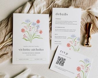 Floral Wedding Invitation Template Suite, Hand-drawn, QR Code RSVP, Details Card, Printable, Editable Wedding Invite Set, Canva Template