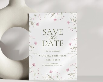Elegant Wildflower Save the Date, Wedding Invitation, Editable Template, Floral save the date, Printable Invite - Instant Download