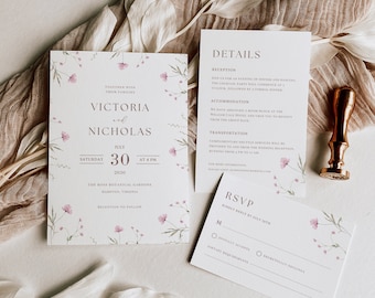 May include: Wedding invitation with a floral design featuring pink flowers and green leaves. The invitation includes the names Victoria and Nicholas, the date July 30, 2030, and the location The Ross Botanical Gardens, Hampton, Virginia. The invitation also includes details about the reception and RSVP information.