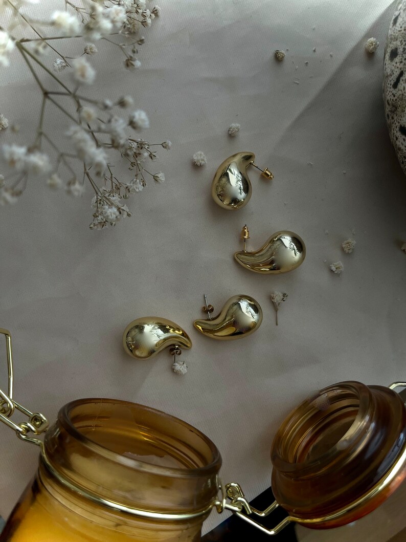 Gold Drop Earrings, Teardrop Stud Earrings, 18K Gold, Chunky Gold Drop Earrings, Dome Earrings, Waterproof Tear Drop Earrings image 2