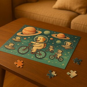 Adorables cachorros astronautas en bicicleta por el espacio