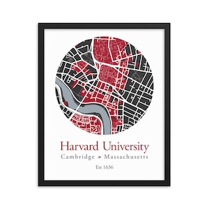 Stampa incorniciata della mappa del campus di Cambridge, Università di Harvard, Arte della parete dell'Harvard College, Regalo di laurea, Arredamento del dormitorio, Studente di Harvard, Colori della scuola