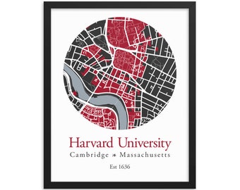 Harvard University, Cambridge Campus Map Framed Print, Harvard College Wall Art, Graduation Gift, Dorm Decor, Harvard Student, School Colors