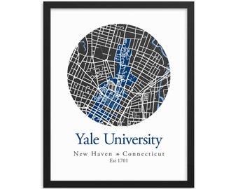 Yale University, New Haven Campus Map Framed Print, Yale College Wall Art, Graduation Gift, Dorm Decor, Yale Student, School Colors