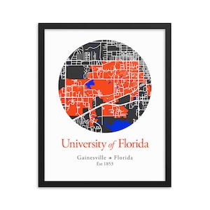 Stampa incorniciata della mappa del campus di Gainesville, Università della Florida, arte della parete della Florida, regalo di laurea, arredamento del dormitorio, studente della Florida, colori della scuola