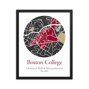 Stampa incorniciata della mappa del campus di Chestnut Hill, Boston College, stampa incorniciata, arte della parete del Boston College, regalo di laurea, arredamento del dormitorio, studente BC, colori scolastici
