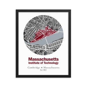 MIT Massachusetts Institute of Technology, impression encadrée de carte du campus de Cambridge, art mural MIT College, cadeau de remise des diplômes, décoration de dortoir, étudiant du MIT