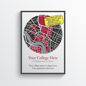 Mappa personalizzata del college Stampa mappa del campus universitario Arte murale del college Decorazione del dormitorio Colori della scuola per studenti universitari Regalo di laurea