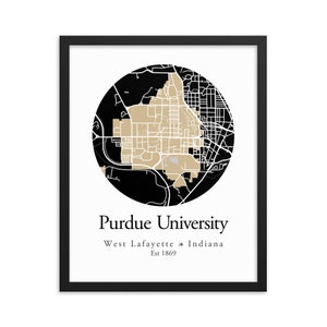 Stampa incorniciata della mappa del campus della Purdue University, West Lafayette, arte della parete del college, regalo di laurea, arredamento del dormitorio, studente della Purdue, colori della scuola