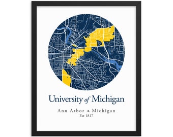 University of Michigan, Ann Arbor Campus Map Framed Print, Michigan Wall Art, Graduation Gift, Dorm Decor, U of M Student