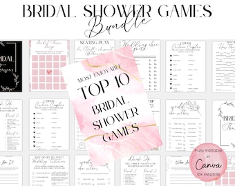 May include: A printable bridal shower game bundle with a pink and gold watercolor background. The bundle includes 10 different games, such as "Most Enjoyable Top 10", "Wedding Shoe Game", "Famous Cartoon Couples", "Would She Rather", "Why Do We Do That? Wedding Traditions", and "Who Am I?" The games are fully editable in Canva and include 10+ pages.