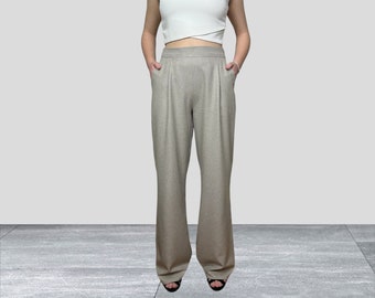 Beige High Waist Palazzo Trousers, Pleated Trousers, Wide Leg Casual Trousers, All-Season Trousers, Wide Leg Women's Trousers with Pockets