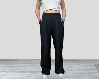 Black High Waist Palazzo Trousers, Pleated Trousers, Wide Leg Casual Trousers, All-Season Trousers, Wide Leg Women's Trousers with Pockets
