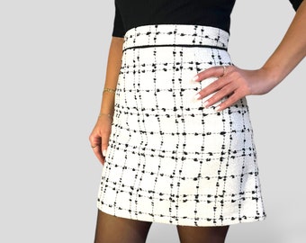 Tweed Fabric White A-Line Lined Mini Skirt, Sporty and Stylish Checked Skirt