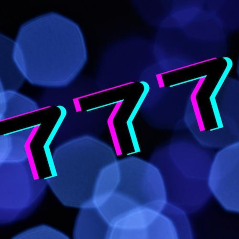 May include: Three neon pink and blue 7s on a dark blue background with out-of-focus blue circles.