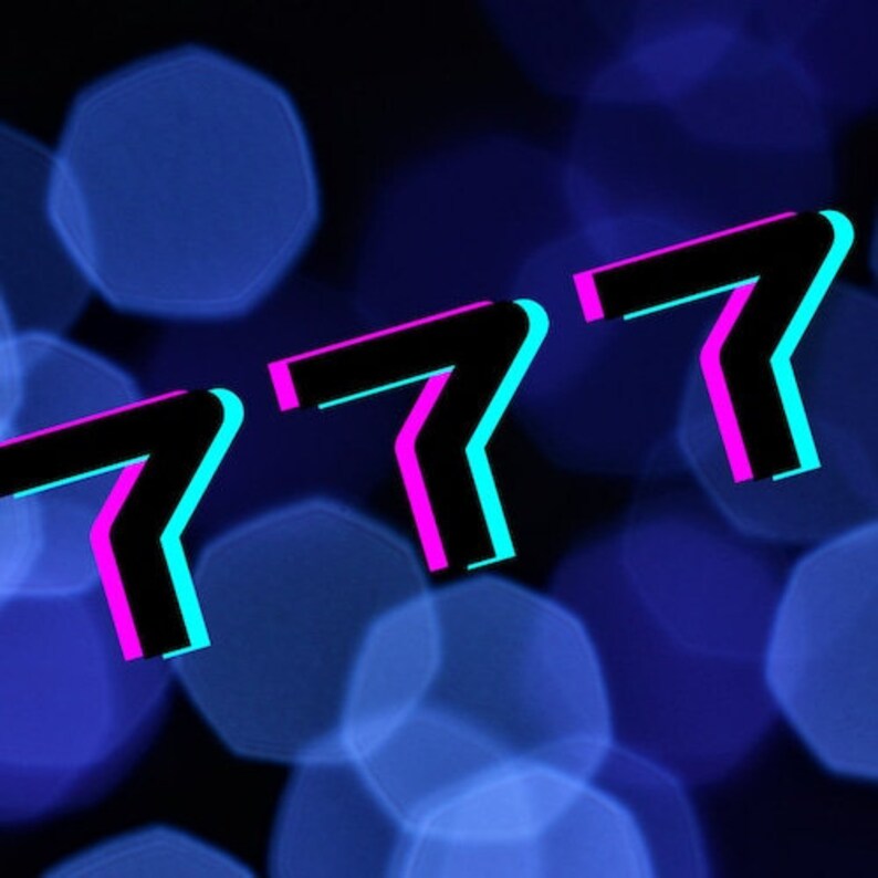 May include: Three neon pink and blue 7s on a dark blue background with out-of-focus blue circles.