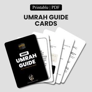 Op de afbeelding: Een set Umrah Guide Cards, met een zwart-wit ontwerp. De kaarten hebben afgeronde hoeken en bevatten de tekst "Mini Umrah Guide with Essential Duas". De bovenkant van de afbeelding leest "Printable | PDF".