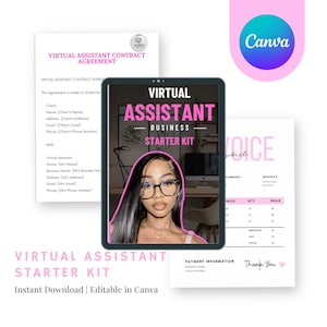 May include: A pink and black digital template for a virtual assistant business starter kit. The template includes a contract agreement, invoice, and payment information. The text "Virtual Assistant Business Starter Kit" is displayed in a pink box with a black outline. The text "Instant Download | Editable in Canva" is displayed below the pink box.