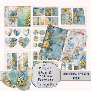 Floral Junk Journal Kit: Blue & Yellow Flowers Ephemera (Digital Download)