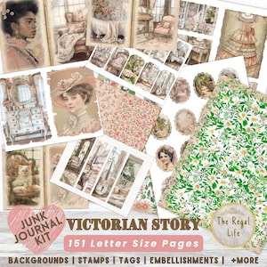 Victorian Story Junk Journal Printable Pages Kit, Victorian Embellishments, Scrapbook Collage, Printable Junk Journal Kit, Digital Craft Kit
