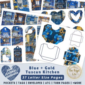 Blue and Gold Tuscan Kitchen Junk Journal Ephemera, Printable Junk Journal Home Images, Country Kitchen, Scrapbook Collage Sheets, JPEG