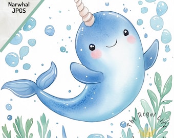 Narwhal Watercolor Clipart: Undersea Ocean Images (Digital Download)