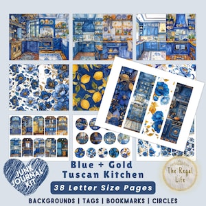 Blue and Gold Tuscan Kitchen Junk Journal Kit, Printable Junk Journal Home Images, Country Kitchen, Scrapbook Collage Sheets, JPEG