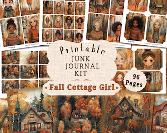 May include: Printable junk journal kit with 96 pages featuring a fall cottage girl theme. The kit includes images of a cottage in the woods, fall foliage, and girls in autumnal clothing.