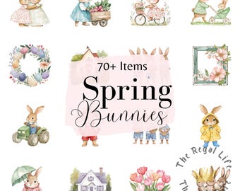 Clipart de acuarela de conejitos de primavera: Imágenes de Pascua para álbum de recortes (descarga digital)