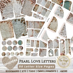 Peut inclure: Un téléchargement numérique de 50 pages imprimables avec des lettres d'amour de style vintage ornées de perles. Les pages sont au format lettre et peuvent être utilisées pour le scrapbooking, la fabrication de cartes et d'autres travaux manuels. Le texte sur l'image indique "PEARL LOVE LETTERS 50 Letter Size Pages BOOKMARKS | ATC | TAGS | EMBELLISHMENTS | +MORE"