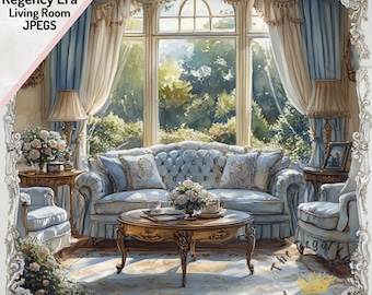 Regency Era Living Room Watercolor Clipart: 12 JPG Images (Digital Download)