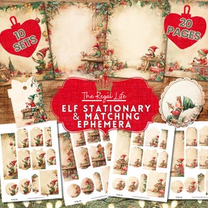 May include: A selection of Christmas-themed stationery and ephemera with elf illustrations. The set includes tags, cards, and decorative elements. The text on the image reads "The Regal Life Elf Stationery & Matching Ephemera".