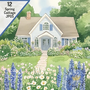 Spring Cottage Clipart: Floral Garden Watercolor Art (Digital Download)