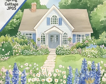 Spring Cottage Clipart: Floral Garden Watercolor Art (Digital Download)